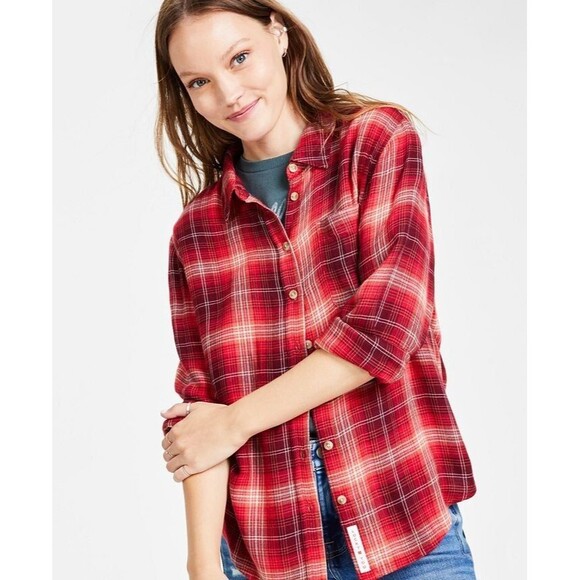 Lucky Brand Women's Cloud Soft Plaid Relaxed Boyfriend Button down Shirt Red XS - Picture 4 of 9